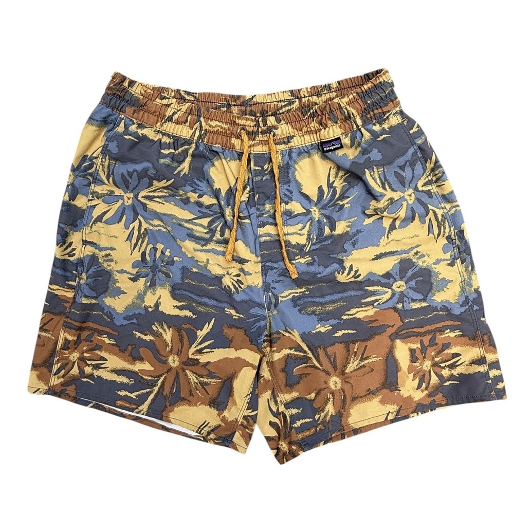 Patagonia Mens Small Board Shorts Floral Swim Trunks Blue Brown Drawstring